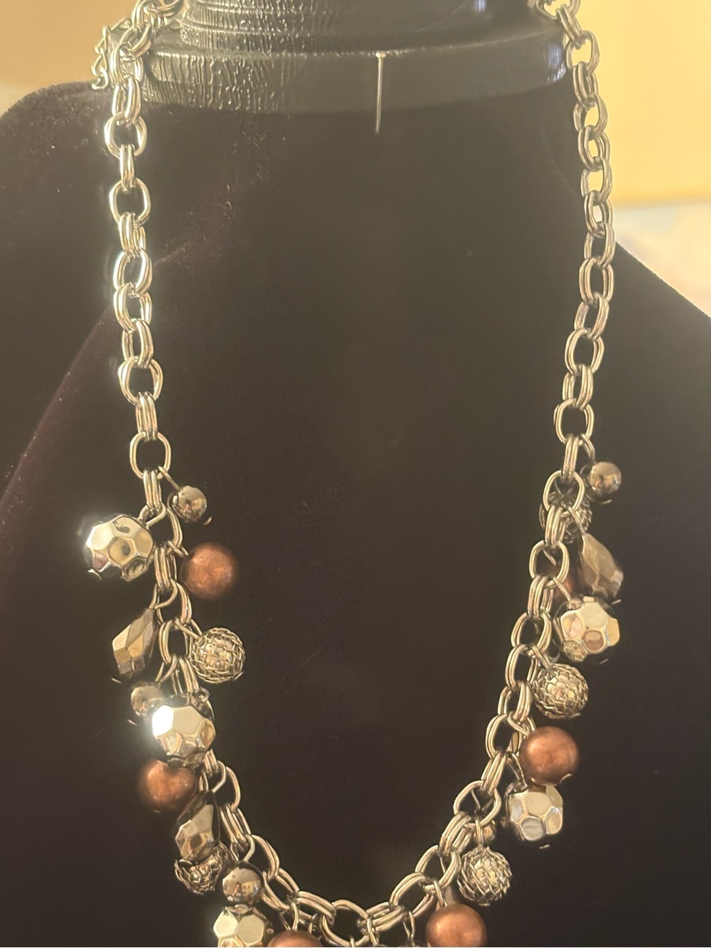 Women's Mixed-Metal Bead Charm Necklace in Silver and Brown